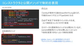 ポイント
①entityが保持する値はUserのIdでLong型だが、
引数をUserにすることでTypeSafeになる
②必ず"未完了"の状態でインスタンス生成、
　という制約をコンストラクタで表現
③ステータス更新用のメソッドは公開されているが、
nameは更新用メソッドを公開しないことにより
「名前を変更できない」という制約を表現
①
②
③
コンストラクタと公開メソッドで制約を表現
コンストラクタ
状態遷移用メソッド
(@little_hand_s から参考資料たどれます
「モデルでドメイン知識を表現するとは何か」 )
 