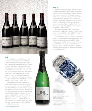 12 livsothebysrealty.com
WINE
	 Sotheby’s Wine rounded out its New York
calendar of auctions on November 19, 2016 in
Geneva with the ‘Champagne Bollinger, Direct
from The Cellars & Finest Wines’ auction, marking
the first time Bollinger Champagne was ever
sold at auction. The sale made history netting
$3,867,713 in total sales from the sales of some
very special bottles of Champagne Bollinger and
a selection of other fine wines. The auction
brought the total for New York Wine sales to
$34 million—the second highest amount of sales
earned since the inception of the North American
Sotheby’s Wine auctions 23 years ago.
	 Opening the auction with a selection of
bottles of Champagne Bollinger, direct from the
winery’s famed cellars in Aÿ, France, a 102-year-
old bottle of Bollinger from 1914 that was recently
discovered in an unused wine cellar, accompanied
by an exclusive visit to the cellars of Bollinger, led
the sale for $12,250. Other highlights from the
auction included a 3-liter jeroboam of Bollinger
1979, which had an estimated selling price of
between $2,400 to $3,200, selling for $6,738,
and 3 bottles of 1973 Bollinger Année Rare, which,
estimated to sell at between $1,600 to $2,200,
earned $5,145 at auction.
JEWELRY
	 Another record-breaking sale of the season was
the ‘Magnificent Jewels & Noble Jewels’ auction that
took place at Sotheby’s in Geneva. The sale featured
an impressive collection of colored diamonds, as
well as period jewels with noble provenance and fine
colored gemstones. Notable pieces at the auction
included a historic and magnificent diamond choker,
formerly in the collection of the imperial Russian
family, a spectacular Cartier ‘Sky Blue’ Fancy Vivid
Blue diamond ring weighing 8.01 carats, and several
Fancy Intense Pink Diamonds.
	 Multiple records were broken at the packed
saleroom at the Magnificent Jewels and Noble Jewels
auction, with sales totaling $136,428,215—the highest
total for any jewelry sale of the season.
	 The evening was led by a number of outstanding
pieces, including a Fancy Intense Pink diamond ring,
which after lively bidding, reached $20,778,352,
and the exceptional ‘Sky Blue Diamond’, which sold
for $17,074,168. New records were set for Fancy
Deep Blue, Fancy Light Blue, and Fancy Light Pink
Diamonds, demonstrating the strength of the market
for colored diamonds.
Pictured top, left:
Romanée Conti 2002-2010
Domaine de la Romanée-Conti
Per lot:$7,000-$12,000 USD
Pictured bottom, left:
Bollinger, 2003 by Bollinger, Brut 2003
Disgorged 11/05/2007
Per lot: $900-1,400 USD
Pictured bottom, right:
Cartier,“THE SKY BLUE DIAMOND”
Superb Fancy Vivid Blue Diamond ring, 8.01 carats
Sold $17,074,168 USD
 
