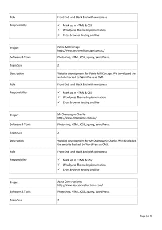 Role Front End and Back End with wordpress
Responsibility  Mark up in HTML & CSS
 Wordpress Theme Implementation
 Cross browser testing and live
Project Petrie Mill Cottage
http://www.petriemillcottage.com.au/
Software & Tools Photoshop, HTML, CSS, Jquery, WordPress,
Team Size 2
Description Website development for Petrie Mill Cottage. We developed the
website backed by WordPress as CMS.
Role Front End and Back End with wordpress
Responsibility  Mark up in HTML & CSS
 Wordpress Theme Implementation
 Cross browser testing and live
Project Mr Champagne Charlie
http://www.mrccharlie.com.au/
Software & Tools Photoshop, HTML, CSS, Jquery, WordPress,
Team Size 2
Description Website development for Mr Champagne Charlie. We developed
the website backed by WordPress as CMS.
Role Front End and Back End with wordpress
Responsibility  Mark up in HTML & CSS
 Wordpress Theme Implementation
 Cross browser testing and live
Project Azacs Constructions
http://www.azacsconstructions.com/
Software & Tools Photoshop, HTML, CSS, Jquery, WordPress,
Team Size 2
Page 5 of 10
 