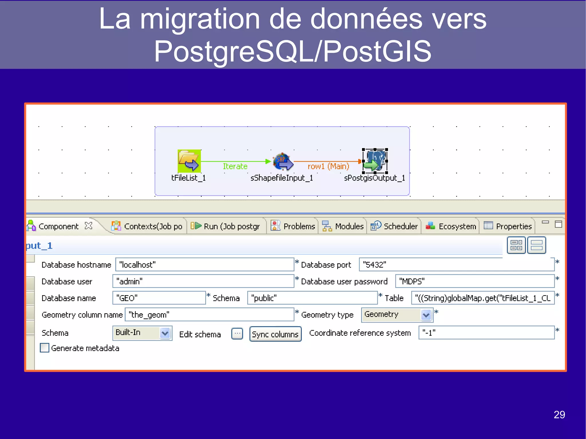 Mise en place des composants dans l'espace de travail graphique On paramètre la jointure sur le nom de la commune. Deux flux de sortie sont générés: un relatif aux résultats de la jointure (inner join) et un relatif aux rejets (outer join) 