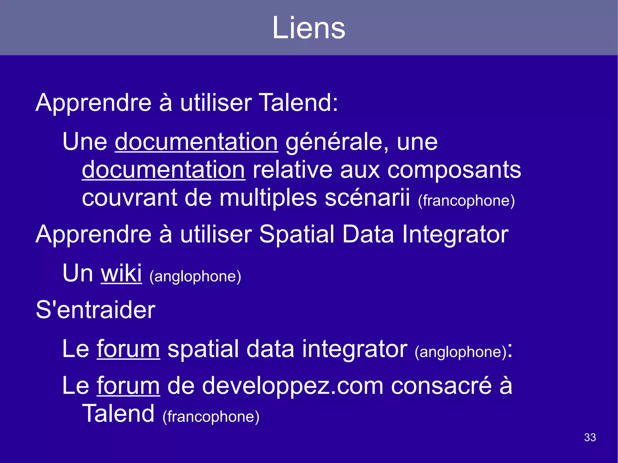 L'agrégation de données en tâche planifiée Un portail web géographique de base communale demande de joindre automatiquement et périodiquement les données d'une base de données locale Access alimentée par des utilisateurs et les données géographiques de la BDCARTO Base  Access SHP BDCARTO Base  Sybase XML ... Serveur  carto WMS Partie cliente SCP SHP 