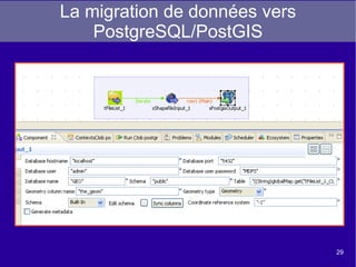 Mise en place des composants dans l'espace de travail graphique On paramètre la jointure sur le nom de la commune. Deux flux de sortie sont générés: un relatif aux résultats de la jointure (inner join) et un relatif aux rejets (outer join) 
