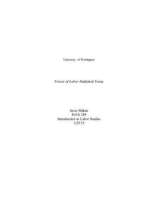 University of Washington
Forces of Labor Analytical Essay
Jesse Shikiar
Pol S 249
Introduction to Labor Studies
1/25/15
 