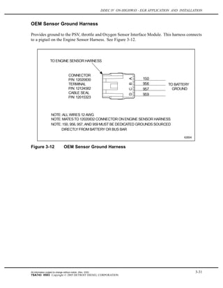 DDEC IV ON-HIGHWAY - EGR APPLICATION AND INSTALLATION
OEM Sensor Ground Harness
Provides ground to the PSV, throttle and Oxygen Sensor Interface Module. This harness connects
to a pigtail on the Engine Sensor Harness. See Figure 3-12.
Figure 3-12 OEM Sensor Ground Harness
All information subject to change without notice. (Rev. 3/05) 3-31
7SA743 0503 Copyright © 2005 DETROIT DIESEL CORPORATION
 