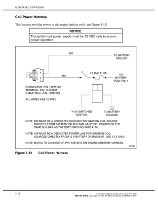 HARDWARE AND WIRING
Coil Power Harness
This harness provides power to the engine ignition coils (see Figure 3-13).
NOTICE:
The ignition coil power supply must be 12 VDC only to ensure
proper operation.
Figure 3-13 Coil Power Harness
3-32 All information subject to change without notice. (Rev. 3/05)
7SA743 0503 Copyright © 2005 DETROIT DIESEL CORPORATION
 