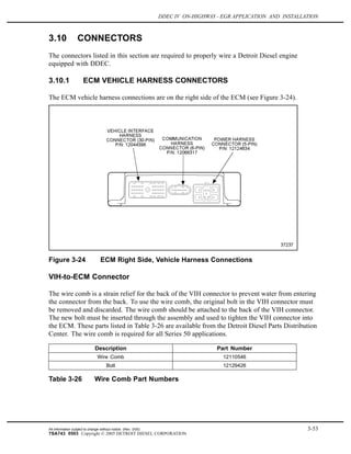 DDEC IV ON-HIGHWAY - EGR APPLICATION AND INSTALLATION
3.10 CONNECTORS
The connectors listed in this section are required to properly wire a Detroit Diesel engine
equipped with DDEC.
3.10.1 ECM VEHICLE HARNESS CONNECTORS
The ECM vehicle harness connections are on the right side of the ECM (see Figure 3-24).
Figure 3-24 ECM Right Side, Vehicle Harness Connections
VIH-to-ECM Connector
The wire comb is a strain relief for the back of the VIH connector to prevent water from entering
the connector from the back. To use the wire comb, the original bolt in the VIH connector must
be removed and discarded. The wire comb should be attached to the back of the VIH connector.
The new bolt must be inserted through the assembly and used to tighten the VIH connector into
the ECM. These parts listed in Table 3-26 are available from the Detroit Diesel Parts Distribution
Center. The wire comb is required for all Series 50 applications.
Description Part Number
Wire Comb 12110546
Bolt 12129426
Table 3-26 Wire Comb Part Numbers
All information subject to change without notice. (Rev. 3/05) 3-53
7SA743 0503 Copyright © 2005 DETROIT DIESEL CORPORATION
 