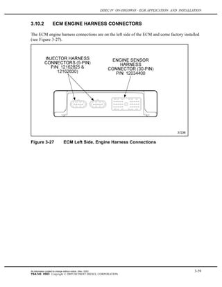 DDEC IV ON-HIGHWAY - EGR APPLICATION AND INSTALLATION
3.10.2 ECM ENGINE HARNESS CONNECTORS
The ECM engine harness connections are on the left side of the ECM and come factory installed
(see Figure 3-27).
Figure 3-27 ECM Left Side, Engine Harness Connections
All information subject to change without notice. (Rev. 3/05) 3-59
7SA743 0503 Copyright © 2005 DETROIT DIESEL CORPORATION
 