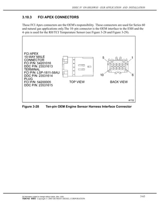 DDEC IV ON-HIGHWAY - EGR APPLICATION AND INSTALLATION
3.10.3 FCI APEX CONNECTORS
These FCI Apex connectors are the OEM's responsibility. These connectors are used for Series 60
and natural gas applications only.The 10–pin connector is the OEM interface to the ESH and the
4–pin is used for the RH/TCI Temperature Sensor (see Figure 3-28 and Figure 3-29).
Figure 3-28 Ten-pin OEM Engine Sensor Harness Interface Connector
All information subject to change without notice. (Rev. 3/05) 3-63
7SA743 0503 Copyright © 2005 DETROIT DIESEL CORPORATION
 