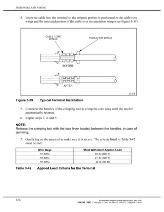 HARDWARE AND WIRING
4. Insert the cable into the terminal so the stripped portion is positioned in the cable core
wings and the insulated portion of the cable is in the insulation wings (see Figure 3-39).
Figure 3-39 Typical Terminal Installation
5. Compress the handles of the crimping tool to crimp the core wing until the ratchet
automatically releases.
6. Repeat steps 3, 4, and 5.
NOTE:
Release the crimping tool with the lock lever located between the handles, in case of
jamming.
7. Gently tug on the terminal to make sure it is secure. The criteria listed in Table 3-42
must be met.
Wire Gage Must Withstand Applied Load
14 AWG 45 lb (200 N)
16 AWG 27 lb (120 N)
18 AWG 20 lb (90 N)
Table 3-42 Applied Load Criteria for the Terminal
3-76 All information subject to change without notice. (Rev. 3/05)
7SA743 0503 Copyright © 2005 DETROIT DIESEL CORPORATION
 