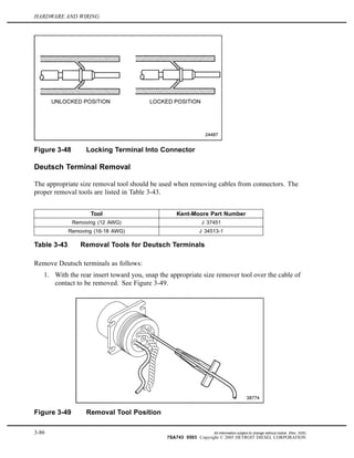 HARDWARE AND WIRING
Figure 3-48 Locking Terminal Into Connector
Deutsch Terminal Removal
The appropriate size removal tool should be used when removing cables from connectors. The
proper removal tools are listed in Table 3-43.
Tool Kent-Moore Part Number
Removing (12 AWG) J 37451
Removing (16-18 AWG) J 34513-1
Table 3-43 Removal Tools for Deutsch Terminals
Remove Deutsch terminals as follows:
1. With the rear insert toward you, snap the appropriate size remover tool over the cable of
contact to be removed. See Figure 3-49.
Figure 3-49 Removal Tool Position
3-86 All information subject to change without notice. (Rev. 3/05)
7SA743 0503 Copyright © 2005 DETROIT DIESEL CORPORATION
 