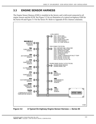 DDEC IV ON-HIGHWAY - EGR APPLICATION AND INSTALLATION
3.3 ENGINE SENSOR HARNESS
The Engine Sensor Harness (ESH) is installed at the factory and is delivered connected to all
engine sensors and the ECM. See Figure 3-2 for an illustration of a typical on-highway ESH for
the Series 60 and Figure 3-3 for the Series 50. Refer to Appendix B for a harness schematic.
Figure 3-2 A Typical On-highway Engine Sensor Harness — Series 60
All information subject to change without notice. (Rev. 3/05) 3-9
7SA743 0503 Copyright © 2005 DETROIT DIESEL CORPORATION
 