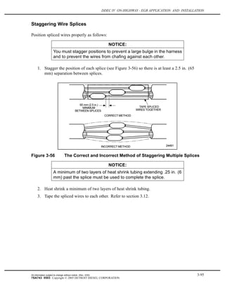 DDEC IV ON-HIGHWAY - EGR APPLICATION AND INSTALLATION
Staggering Wire Splices
Position spliced wires properly as follows:
NOTICE:
You must stagger positions to prevent a large bulge in the harness
and to prevent the wires from chafing against each other.
1. Stagger the position of each splice (see Figure 3-56) so there is at least a 2.5 in. (65
mm) separation between splices.
Figure 3-56 The Correct and Incorrect Method of Staggering Multiple Splices
NOTICE:
A minimum of two layers of heat shrink tubing extending .25 in. (6
mm) past the splice must be used to complete the splice.
2. Heat shrink a minimum of two layers of heat shrink tubing.
3. Tape the spliced wires to each other. Refer to section 3.12.
All information subject to change without notice. (Rev. 3/05) 3-95
7SA743 0503 Copyright © 2005 DETROIT DIESEL CORPORATION
 