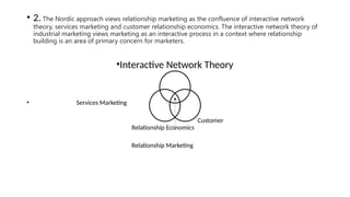 • 2. The Nordic approach views relationship marketing as the confluence of interactive network
theory, services marketing and customer relationship economics. The interactive network theory of
industrial marketing views marketing as an interactive process in a context where relationship
building is an area of primary concern for marketers.
•Interactive Network Theory
• Services Marketing
Customer
Relationship Economics
Relationship Marketing
 