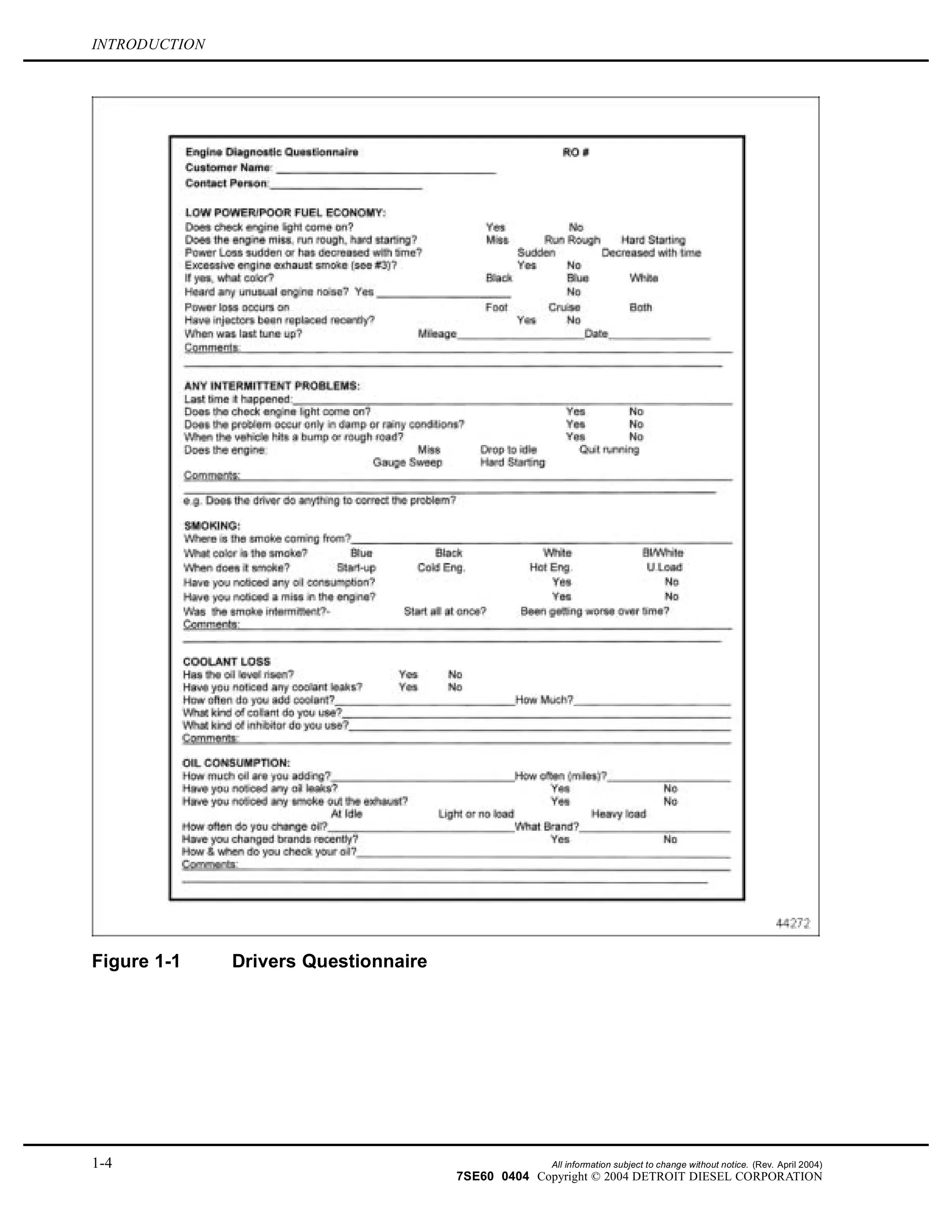 INTRODUCTION
Figure 1-1 Drivers Questionnaire
1-4 All information subject to change without notice. (Rev. April 2004)
7SE60 0404 Copyright © 2004 DETROIT DIESEL CORPORATION
 
