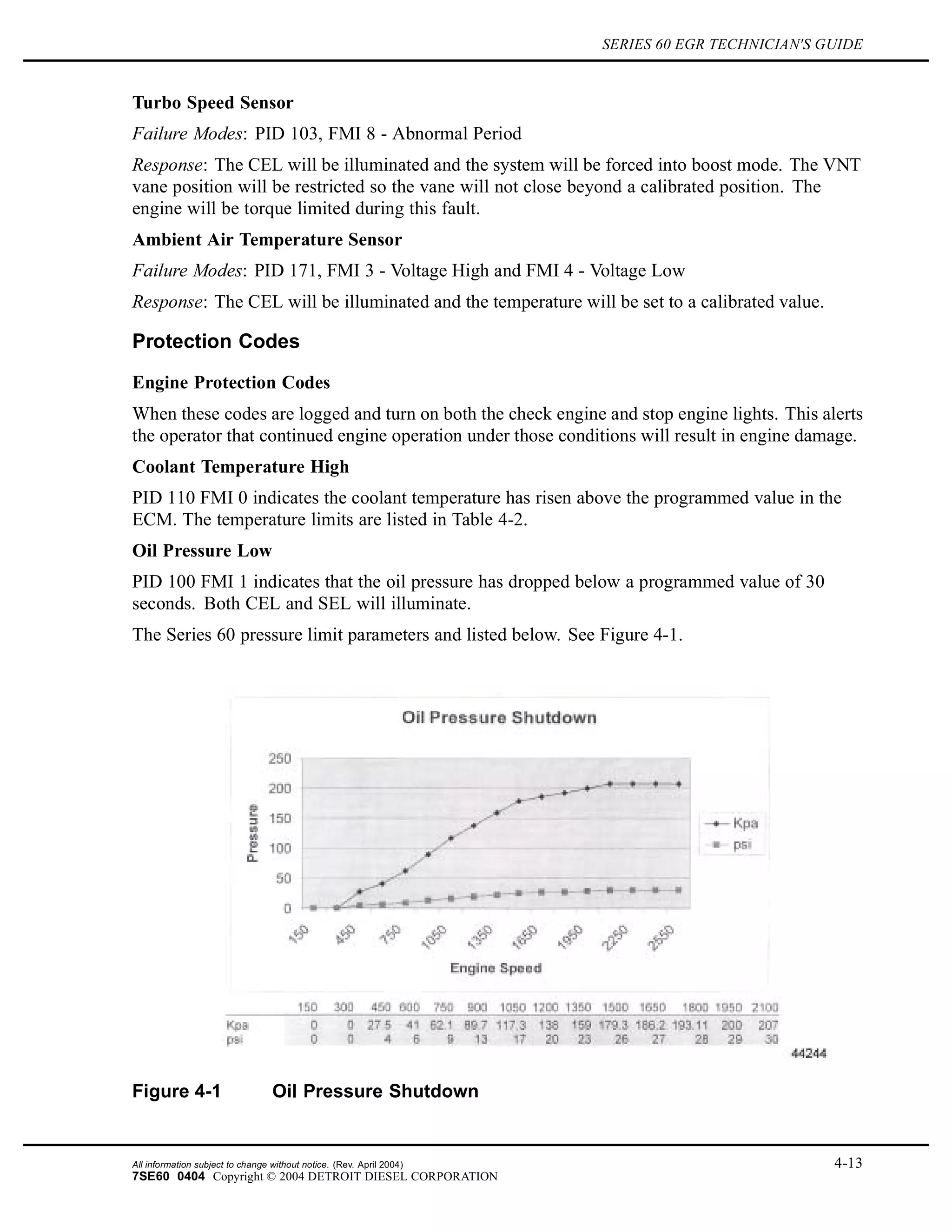 SERIES 60 EGR TECHNICIAN'S GUIDE
Turbo Speed Sensor
Failure Modes: PID 103, FMI 8 - Abnormal Period
Response: The CEL will be illuminated and the system will be forced into boost mode. The VNT
vane position will be restricted so the vane will not close beyond a calibrated position. The
engine will be torque limited during this fault.
Ambient Air Temperature Sensor
Failure Modes: PID 171, FMI 3 - Voltage High and FMI 4 - Voltage Low
Response: The CEL will be illuminated and the temperature will be set to a calibrated value.
Protection Codes
Engine Protection Codes
When these codes are logged and turn on both the check engine and stop engine lights. This alerts
the operator that continued engine operation under those conditions will result in engine damage.
Coolant Temperature High
PID 110 FMI 0 indicates the coolant temperature has risen above the programmed value in the
ECM. The temperature limits are listed in Table 4-2.
Oil Pressure Low
PID 100 FMI 1 indicates that the oil pressure has dropped below a programmed value of 30
seconds. Both CEL and SEL will illuminate.
The Series 60 pressure limit parameters and listed below. See Figure 4-1.
Figure 4-1 Oil Pressure Shutdown
All information subject to change without notice. (Rev. April 2004) 4-13
7SE60 0404 Copyright © 2004 DETROIT DIESEL CORPORATION
 