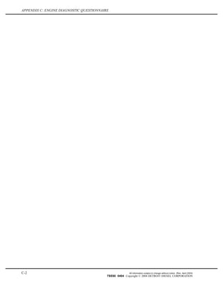 APPENDIX C: ENGINE DIAGNOSTIC QUESTIONNAIRE
C-2 All information subject to change without notice. (Rev. April 2004)
7SE60 0404 Copyright © 2004 DETROIT DIESEL CORPORATION
 