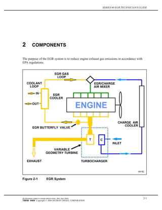 SERIES 60 EGR TECHNICIAN'S GUIDE
2 COMPONENTS
The purpose of the EGR system is to reduce engine exhaust gas emissions in accordance with
EPA regulations.
Figure 2-1 EGR System
All information subject to change without notice. (Rev. April 2004) 2-1
7SE60 0404 Copyright © 2004 DETROIT DIESEL CORPORATION
 