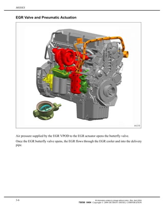 MODES
EGR Valve and Pneumatic Actuation
Air pressure supplied by the EGR VPOD to the EGR actuator opens the butterfly valve.
Once the EGR butterfly valve opens, the EGR flows through the EGR cooler and into the delivery
pipe.
3-6 All information subject to change without notice. (Rev. April 2004)
7SE60 0404 Copyright © 2004 DETROIT DIESEL CORPORATION
 