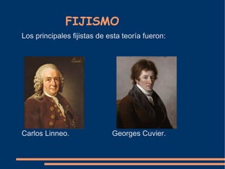 FIJISMO 
Los principales fijistas de esta teoría fueron: 
Carlos Linneo. Georges Cuvier. 
 