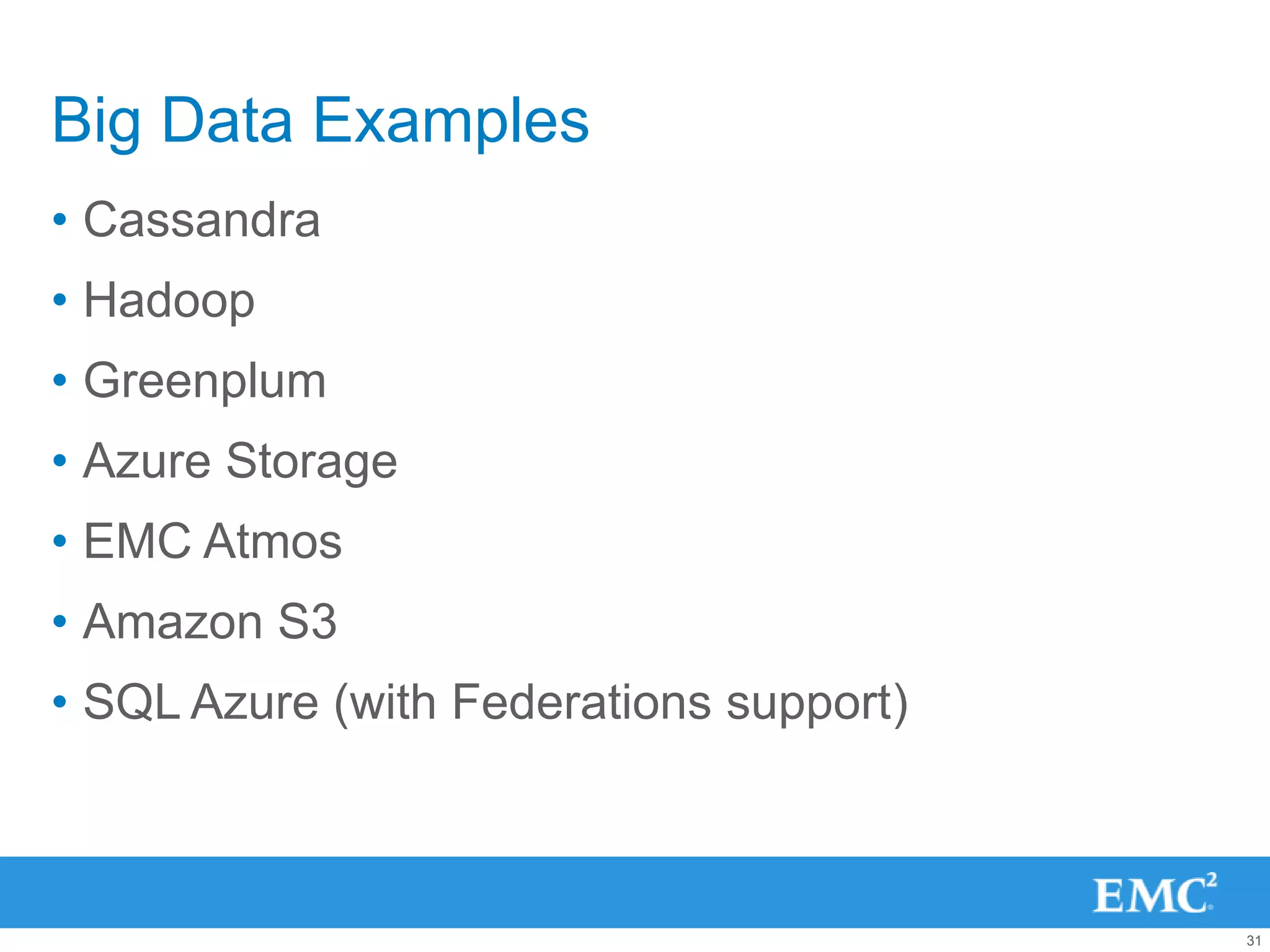 Big Data Examples
• Cassandra
• Hadoop
• Greenplum
• Azure Storage
• EMC Atmos
• Amazon S3
• SQL Azure (with Federations support)



                                         31
 