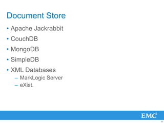 Document Store
• Apache Jackrabbit
• CouchDB
• MongoDB
• SimpleDB
• XML Databases
  – MarkLogic Server
  – eXist.




    ...