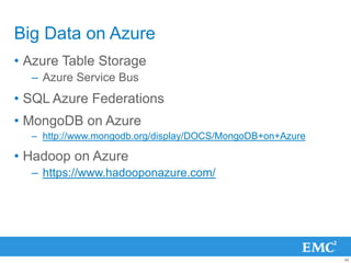 Big Data on Azure
• Azure Table Storage
  – Azure Service Bus
• SQL Azure Federations
• MongoDB on Azure
  – http://www.mo...