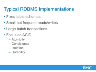 Typical RDBMS Implementations
• Fixed table schemas
• Small but frequent reads/writes
• Large batch transactions
• Focus o...