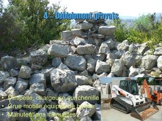 4 – Déblaiement gravats4 – Déblaiement gravats
• Minipelle, chargeuse sur chenille (bobcat)
• Grue mobile équipée de benne
• Manutentions manuelles
 