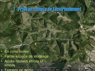 1 - Prise en compte de l’environnement1 - Prise en compte de l’environnement
• En zone isolée
• Faible espace de stockage
• Accès routiers étroits et
limités
 