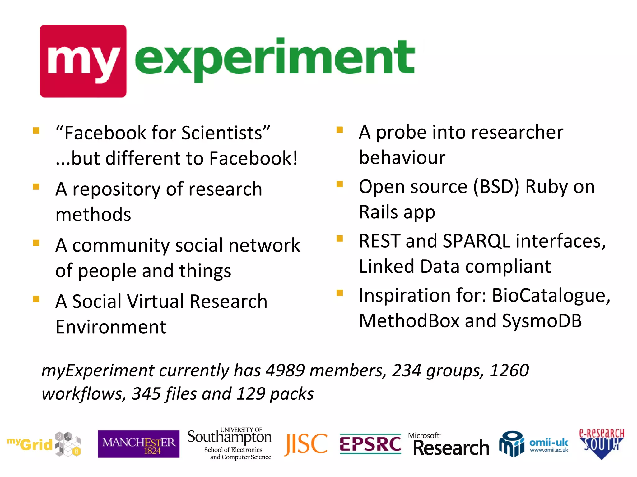 “ Facebook for Scientists” ...but different to Facebook! A repository of research methods A community social network of people and things A Social Virtual Research Environment A probe into researcher behaviour Open source (BSD) Ruby on Rails app  REST and SPARQL interfaces, Linked Data compliant Inspiration for: BioCatalogue, MethodBox and SysmoDB myExperiment currently has 4989 members, 234 groups, 1260 workflows, 345 files and 129 packs 