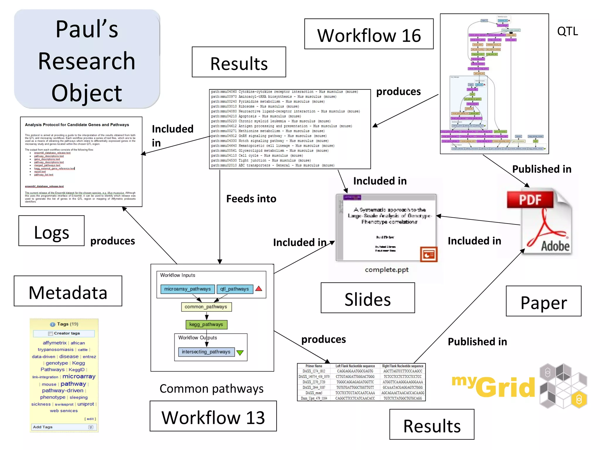 Results Logs Results Metadata Paper Slides Feeds into produces Included in produces Published in produces Included in Included in Included in Published in Workflow 16 Workflow 13 Common pathways QTL Paul’s Pack Paul’s Research Object 