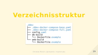 Verzeichnisstruktur
.ddev
├── .ddev-docker-compose-base.yaml
├── .ddev-docker-compose-full.yaml
├── config.yaml
├── db-build
│   └── Dockerfile.example
└── web-build
└── Dockerfile.example
2929Christian Münch / @cmuench / muench.devChristian Münch / @cmuench / muench.dev
 