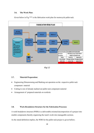 18
3.6. The Work Plan:
Given below in Fig *** is the fabrication work plan for motorcycle pallet rack.
Fig 3.2
3.7. Material Preparation:
 Engineering Dimensioning and Marking out operation on the respective pallet rack
component material
 Cutting to size of already marked out pallet rack component material
 Arrangement of prepared materials on worksite
3.8. Work Breakdown Structure for the Fabrication Processes
A work breakdown structure (WBS) is a deliverable-oriented decomposition of a project into
smaller components thereby organizing the team's work into manageable sections.
As the stated definition implies, the WBS for the pallet rack project is given bellow;
 
