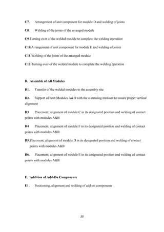 20
C7. Arrangement of unit component for module D and welding of joints
C8. Welding of the joints of the arranged module
C9.Turning over of the welded module to complete the welding operation
C10.Arrangement of unit component for module E and welding of joints
C11.Welding of the joints of the arranged module
C12.Turning over of the welded module to complete the welding operation
D. Assemble of All Modules
D1. Transfer of the welded modules to the assembly site
D2. Support of both Modules A&B with the a standing medium to ensure proper vertical
alignment
D3 Placement, alignment of module C in its designated position and welding of contact
points with modules A&B
D4 Placement, alignment of module F in its designated position and welding of contact
points with modules A&B
D5.Placement, alignment of module D in its designated position and welding of contact
points with modules A&B
D6. Placement, alignment of module E in its designated position and welding of contact
points with modules A&B
E. Addition of Add-On Components
E1. Positioning, alignment and welding of add-on components
 
