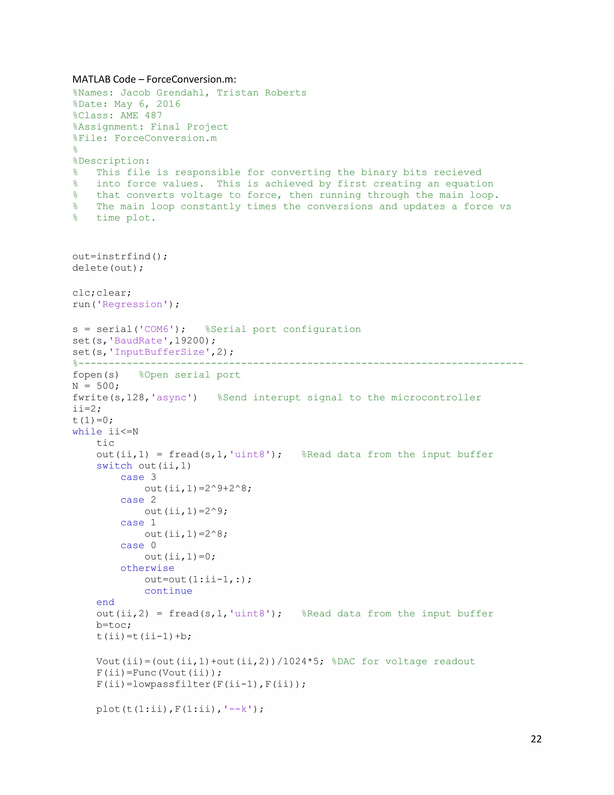 22
MATLAB Code – ForceConversion.m:
%Names: Jacob Grendahl, Tristan Roberts
%Date: May 6, 2016
%Class: AME 487
%Assignment: Final Project
%File: ForceConversion.m
%
%Description:
% This file is responsible for converting the binary bits recieved
% into force values. This is achieved by first creating an equation
% that converts voltage to force, then running through the main loop.
% The main loop constantly times the conversions and updates a force vs
% time plot.
out=instrfind();
delete(out);
clc;clear;
run('Regression');
s = serial('COM6'); %Serial port configuration
set(s,'BaudRate',19200);
set(s,'InputBufferSize',2);
%--------------------------------------------------------------------------
fopen(s) %Open serial port
N = 500;
fwrite(s,128,'async') %Send interupt signal to the microcontroller
ii=2;
t(1)=0;
while ii<=N
tic
out(ii,1) = fread(s,1,'uint8'); %Read data from the input buffer
switch out(ii,1)
case 3
out(ii,1)=2^9+2^8;
case 2
out(ii,1)=2^9;
case 1
out(ii,1)=2^8;
case 0
out(ii,1)=0;
otherwise
out=out(1:ii-1,:);
continue
end
out(ii,2) = fread(s,1,'uint8'); %Read data from the input buffer
b=toc;
t(ii)=t(ii-1)+b;
Vout(ii)=(out(ii,1)+out(ii,2))/1024*5; %DAC for voltage readout
F(ii)=Func(Vout(ii));
F(ii)=lowpassfilter(F(ii-1),F(ii));
plot(t(1:ii),F(1:ii),'--k');
 