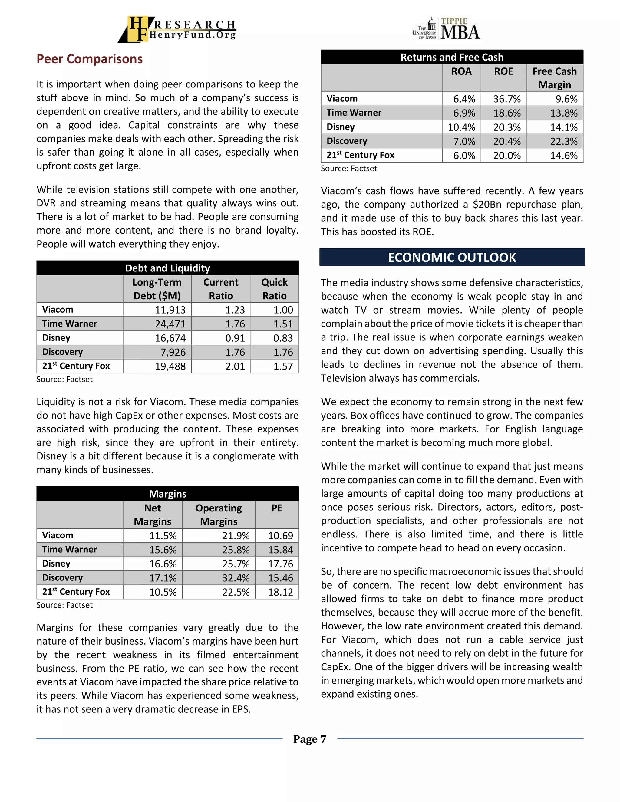 Page 7
Peer Comparisons
It is important when doing peer comparisons to keep the
stuff above in mind. So much of a company’s success is
dependent on creative matters, and the ability to execute
on a good idea. Capital constraints are why these
companies make deals with each other. Spreading the risk
is safer than going it alone in all cases, especially when
upfront costs get large.
While television stations still compete with one another,
DVR and streaming means that quality always wins out.
There is a lot of market to be had. People are consuming
more and more content, and there is no brand loyalty.
People will watch everything they enjoy.
Debt and Liquidity
Long-Term
Debt ($M)
Current
Ratio
Quick
Ratio
Viacom 11,913 1.23 1.00
Time Warner 24,471 1.76 1.51
Disney 16,674 0.91 0.83
Discovery 7,926 1.76 1.76
21st
Century Fox 19,488 2.01 1.57
Source: Factset
Liquidity is not a risk for Viacom. These media companies
do not have high CapEx or other expenses. Most costs are
associated with producing the content. These expenses
are high risk, since they are upfront in their entirety.
Disney is a bit different because it is a conglomerate with
many kinds of businesses.
Margins
Net
Margins
Operating
Margins
PE
Viacom 11.5% 21.9% 10.69
Time Warner 15.6% 25.8% 15.84
Disney 16.6% 25.7% 17.76
Discovery 17.1% 32.4% 15.46
21st
Century Fox 10.5% 22.5% 18.12
Source: Factset
Margins for these companies vary greatly due to the
nature of their business. Viacom’s margins have been hurt
by the recent weakness in its filmed entertainment
business. From the PE ratio, we can see how the recent
events at Viacom have impacted the share price relative to
its peers. While Viacom has experienced some weakness,
it has not seen a very dramatic decrease in EPS.
Returns and Free Cash
ROA ROE Free Cash
Margin
Viacom 6.4% 36.7% 9.6%
Time Warner 6.9% 18.6% 13.8%
Disney 10.4% 20.3% 14.1%
Discovery 7.0% 20.4% 22.3%
21st
Century Fox 6.0% 20.0% 14.6%
Source: Factset
Viacom’s cash flows have suffered recently. A few years
ago, the company authorized a $20Bn repurchase plan,
and it made use of this to buy back shares this last year.
This has boosted its ROE.
ECONOMIC OUTLOOK
The media industry shows some defensive characteristics,
because when the economy is weak people stay in and
watch TV or stream movies. While plenty of people
complain about the price of movie tickets it is cheaper than
a trip. The real issue is when corporate earnings weaken
and they cut down on advertising spending. Usually this
leads to declines in revenue not the absence of them.
Television always has commercials.
We expect the economy to remain strong in the next few
years. Box offices have continued to grow. The companies
are breaking into more markets. For English language
content the market is becoming much more global.
While the market will continue to expand that just means
more companies can come in to fill the demand. Even with
large amounts of capital doing too many productions at
once poses serious risk. Directors, actors, editors, post-
production specialists, and other professionals are not
endless. There is also limited time, and there is little
incentive to compete head to head on every occasion.
So, there are no specific macroeconomic issues that should
be of concern. The recent low debt environment has
allowed firms to take on debt to finance more product
themselves, because they will accrue more of the benefit.
However, the low rate environment created this demand.
For Viacom, which does not run a cable service just
channels, it does not need to rely on debt in the future for
CapEx. One of the bigger drivers will be increasing wealth
in emerging markets, which would open more markets and
expand existing ones.
 