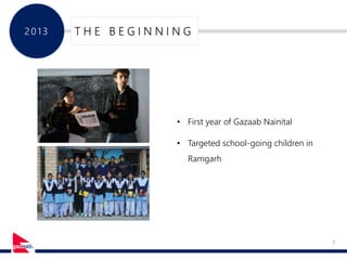 7
201 3 T H E B E G I N N I N G
• First year of Gazaab Nainital
• Targeted school-going children in
Ramgarh
 