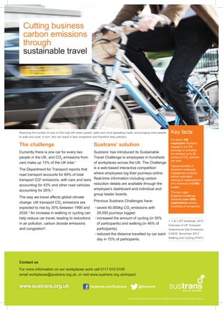 Sustrans is a registered charity in the UK No. 326550 (England and Wales) SCO39263 (Scotland)
www.sustrans.org.uk facebook.com/Sustrans @Sustrans
Key facts
For every 100
employees Sustrans
engage in our full
package of activities,
we achieve up to 38
tonnes of CO2
reduced
per year.
Typical benefits of
Sustrans’ employee
engagement projects
deliver estimated
savings to organisations
of a minimum of £7500
a year.
The last major
Sustrans Challenge
achieved over 2000
registrations across
hundreds of companies.
Cutting business
carbon emissions
through
sustainable travel
The challenge
Currently there is one car for every two
people in the UK, and CO2
emissions from
cars make up 13% of the UK total.1
The Department for Transport reports that
road transport accounts for 69% of total
transport CO2
emissions, with cars and taxis
accounting for 43% and other road vehicles
accounting for 26%.2
The way we travel affects global climate
change. UK transport CO2
emissions are
expected to rise by 35% between 1990 and
2030.3
An increase in walking or cycling can
help reduce car travel, leading to reductions
in air pollution, carbon dioxide emissions
and congestion4
.
Sustrans’ solution
Sustrans’ has introduced its Sustainable
Travel Challenge to employees in hundreds
of workplaces across the UK. The Challenge
is a web-based interactive competition
where employees log their journeys online.
Real-time information including carbon
reduction details are available through the
employee’s dashboard and individual and
group leader boards.
Previous Sustrans Challenges have:
•	saved 40,000kg CO2
emissions with
28,000 journeys logged
•	increased the amount of cycling (in 55%
of participants) and walking (in 46% of
participants)
•	reduced the distance travelled by car each
day in 72% of participants.
Reducing the number of cars on the road will mean quieter, safer and more appealing roads, encouraging more people
to walk and cycle. In turn, this can result in less congestion and therefore less pollution.
Contact us
For more information on our workplaces work call 0117 915 0100
email workplaces@sustrans.org.uk, or visit www.sustrans.org.uk/impact
1, 2 & 3 DfT factsheet, 2012
Overview of UK Transport
Greenhouse Gas Emissions
4 NICE, November 2012
Walking and Cycling (PH41)
 