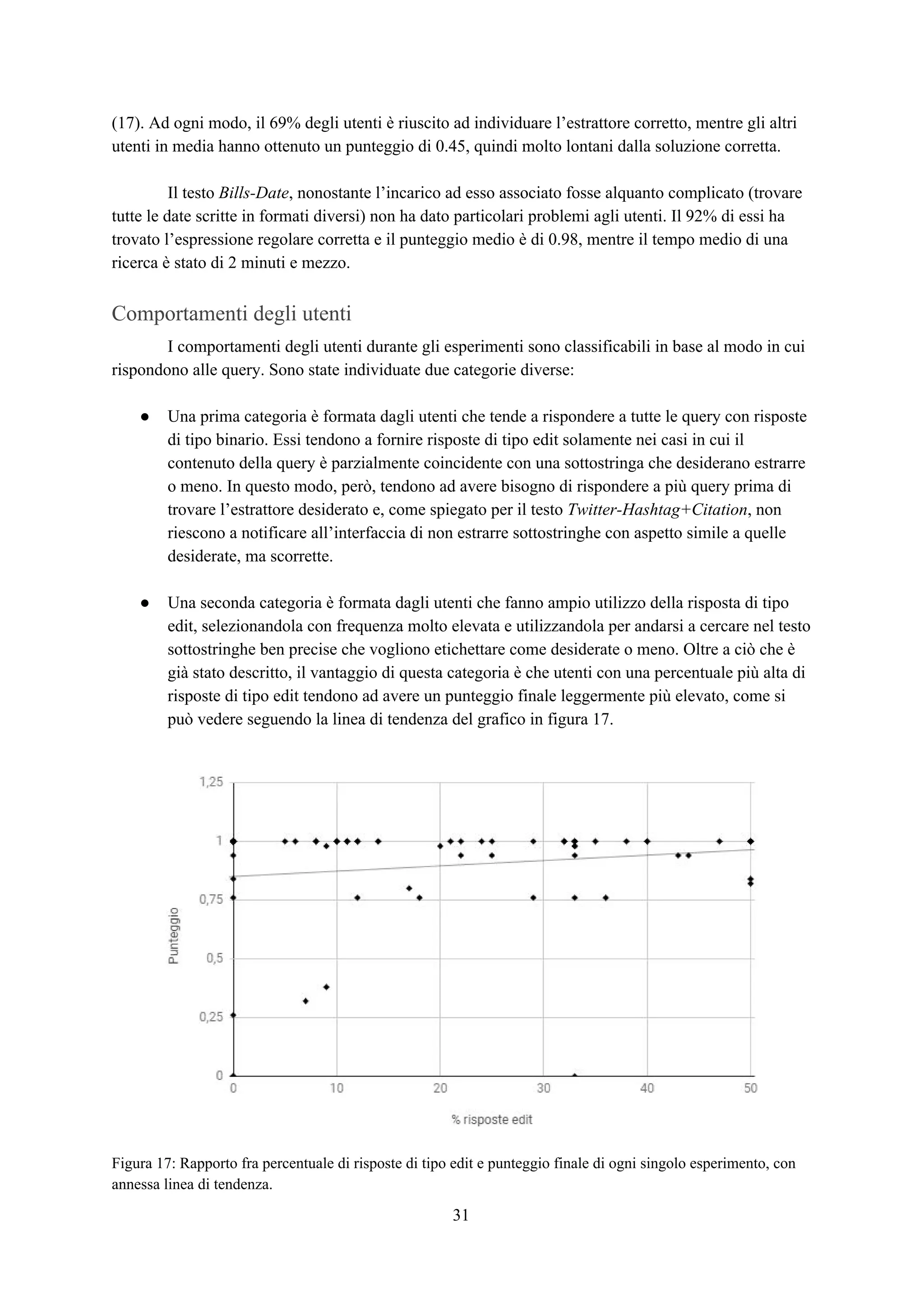 (17). Ad ogni modo, il 69% degli utenti è riuscito ad individuare l’estrattore corretto, mentre gli altri
utenti in media hanno ottenuto un punteggio di 0.45, quindi molto lontani dalla soluzione corretta.
Il testo ​Bills-Date​, nonostante l’incarico ad esso associato fosse alquanto complicato (trovare
tutte le date scritte in formati diversi) non ha dato particolari problemi agli utenti. Il 92% di essi ha
trovato l’espressione regolare corretta e il punteggio medio è di 0.98, mentre il tempo medio di una
ricerca è stato di 2 minuti e mezzo.
Comportamenti degli utenti
I comportamenti degli utenti durante gli esperimenti sono classificabili in base al modo in cui
rispondono alle query. Sono state individuate due categorie diverse:
● Una prima categoria è formata dagli utenti che tende a rispondere a tutte le query con risposte
di tipo binario. Essi tendono a fornire risposte di tipo edit solamente nei casi in cui il
contenuto della query è parzialmente coincidente con una sottostringa che desiderano estrarre
o meno. In questo modo, però, tendono ad avere bisogno di rispondere a più query prima di
trovare l’estrattore desiderato e, come spiegato per il testo ​Twitter-Hashtag+Citation​, non
riescono a notificare all’interfaccia di non estrarre sottostringhe con aspetto simile a quelle
desiderate, ma scorrette.
● Una seconda categoria è formata dagli utenti che fanno ampio utilizzo della risposta di tipo
edit, selezionandola con frequenza molto elevata e utilizzandola per andarsi a cercare nel testo
sottostringhe ben precise che vogliono etichettare come desiderate o meno. Oltre a ciò che è
già stato descritto, il vantaggio di questa categoria è che utenti con una percentuale più alta di
risposte di tipo edit tendono ad avere un punteggio finale leggermente più elevato, come si
può vedere seguendo la linea di tendenza del grafico in figura 17.
Figura 17: Rapporto fra percentuale di risposte di tipo edit e punteggio finale di ogni singolo esperimento, con
annessa linea di tendenza.
31
 