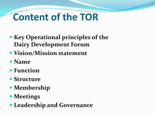 Dairy Development Forum terms of reference to guide formation