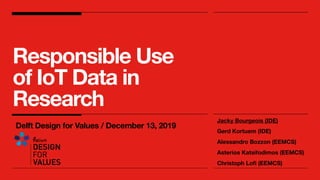 Responsible Use
of IoT Data in
Research
Delft Design for Values / December 13, 2019
Jacky Bourgeois (IDE)
Gerd Kortuem (IDE)
Alessandro Bozzon (EEMCS)
Asterios Katsifodimos (EEMCS)
Christoph Loﬁ (EEMCS)
 