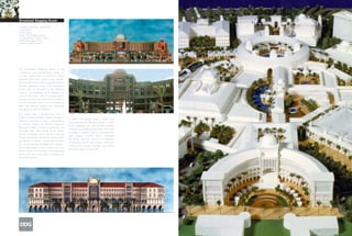 Dreamland Shopping Resort
Design/Completion: 1999/under
construction
Cairo, Egypt
Client: The Bahgat Group
Local Architect: ASCG, Cairo
2,000,000 square feet/
185,874 square meters




The Dreamland Shopping Resort is the
commercial and entertainment anchor of
a larger, 850-hectare (2,100-acre) master
planning effort that would create satellite
cities to relieve some of the congestion around
densely populated Cairo. (The Dreamland
master plan is described in the Planning
section). The shopping resort integrates the
best of Old Cairo, with its narrow streets,
mosques, and bazaars and waves of cultures
and architectural styles, in a contemporary
plan, with themed plazas and courtyards
throughout its several “districts.”

One district has a Mediterranean feel. A
food court has an Islamic-inspired design. A
                                                  In effect, the design takes a large retail
children’s play area is more contemporary.
                                                  and entertainment site and creates a small-
A cinema evokes an ancient Egyptian
                                                  scale shopping city, with themed designs
pharaoh’s temple; a nearby market has the
                                                  influencing everything from major forms and
merchant tents and energy of the Grand
                                                  passages to details such as rich-patterned
Bazaar. A rotunda with its tile roof, concrete
                                                  floor paving, inverted flower umbrellas
arches, and ornate brick-band accents picks
                                                  for shade, and the selection of materials.
up themes of Venice. Venice also inspired
                                                  Construction on the center spine, linking the
the canals running throughout the complex,
                                                  Grand Court, Grand Fountain, and Grand
which help create a sense of place for each
                                                  Rotunda, began in early 1999.
district. Water for the canals is recycled and
filtered from the nearby 6th of October City
industrial complex.
 