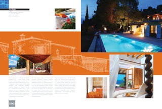 Ca’n Pedro
Design/Completion: 2004/2005
Location: Deia, Spain
Client: undisclosed
Size: 2,200 square feet




This renovation of this 80-year-old building    The final design adds ornamental and            Four descending terraces cut into the cliffs
capitalizes on a hillside location, ocean       structural stonework, echoing building          below. The property fronts on the Deià to
view and sublime setting in a centuries old     materials featured throughout the town;         Sóller trail, a popular hiking path that follows
village on the northern Majorcan coast. Local   additional insulation; an enlarged fireplace;   an ancient cliff-side donkey trail along the
architectural styling, regional landscaping     a renovated kitchen and a small swimming        sea. The Mediterranean climate and setting
elements       and    traditional   building    pool. The work transforms a single structure    inspire a design that embraces the outdoor
materials highlight the powerful cultural       into two stone and wood buildings connected     environment, with loggia along the front of
and environmental context; Deià, a small        by a span of outdoor stairs. A 500-year-        the house and a sea-facing flagstone terrace
mountain town with a population of about        old wooden door reclaimed from a local          looking out over olive trees, evergreens,
700 full-time residents, combines a medieval    antiquities dealer anchors the new aesthetic    Aleppo pines, Canary Island date palms,
sense of permanence and tranquility with        of comfortable permanence, reinforced with      gardens and local plantings.
the luxurious Mediterranean elegance of a       aged wooden beams and materials salvaged
contemporary resort destination.                from local sources.
 