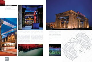 Muvico Egyptian 24
Design/Completion: 1999/2001
Location: Baltimore, Maryland, USA
Client: Muvico Theaters
Size: 96,750 square feet/ 8,992 square
meters




                                         Muvico Egyptian 24, one of Muvico Theaters’     concessions area is flanked by pharaoh           like portals opening into an ancient temple.
                                         recreations of the great movie palaces of       statues. Distressed interior walls convey        Inside, prominent Egyptian-motif graphic
                                         the first half of the 20th century, reinvents   the passage of time and are covered              elements cover the sound panels.
                                         the multiplex cinema as an Egyptian temple.     with Egyptian-style paintings, murals and
                                                                                                                                          Egyptian 24 captures the theatrical aura of
                                         The Egyptian theme begins beneath a porte       hieroglyphics. Symmetrical wings, each with
                                                                                                                                          ancient Egypt, restoring the sense that going
                                         cochere supported by massive pharonic           12 cinemas, extend away from the main
                                                                                                                                          to the movies is a lively, entertaining event.
                                         columns. Column accents draw attention to       lobby to the north and south. The north
                                                                                                                                          Its grandeur, attention to detail and ethereal
                                         the structure, and carved leaf ornamentation    wing’s cool Mediterranean blue tones, reflect
                                                                                                                                          ambiance create an atmosphere of magic
                                         in the column capitals convey a sense of        the fertility of Egypt’s north, while the gold
                                                                                                                                          and fantasy.
                                         being surrounded by a forest of stone trees.    carpeting and multicolored sun design of
                                                                                         the south wing evoke the heat and aridity of     Muvico Egyptian 24 opened in 2001 to record
                                         A glass mosaic “Nile River” snakes across a
                                                                                         Egypt’s south. Visitors enter stadium-seating    crowds. It is the most attended theater in the
                                         lotus-design floor carpet, directing movement
                                                                                         theaters through entrances designed to look      world.
                                         through the lobby. The river “delta” of the
 