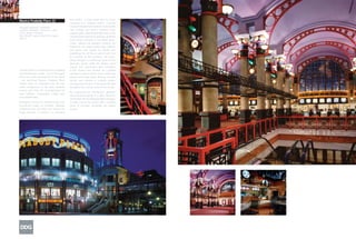 train station – a train station that has been
Muvico Peabody Place 22
                                                converted to a multiplex cinema. Cast-iron
                                                trusses and patterned metalwork arch beneath
Design/Completion: 2000/2001
Location: Memphis, Tennessee, USA               high ceilings and stretch between large
Client: Muvico Theaters                         support pillars, while elegant light fixtures and
Size: 88,687 square feet/ 8,242 square          checkerboard-patterned carpeting underfoot
meters
                                                echo classic elements of rail station décor.
                                                Colors, lighting and graphics reinforce the
                                                impression; by using caution-stripe patterns
                                                and typical train signals for identity and
                                                wayfinding, the rail theme carries over from
                                                the aesthetic to the functional. The movie-
                                                listing marquee is reminiscent of an arrival/
                                                departure board, while the theater ticket
                                                counter and concessions area resembles
Located within the Peabody Place shopping       a train station ticket window. As a playful
and entertainment center – one of the largest   reminder to visitors and an active reinforcing
mixed-use urban development in the South        element of the train station theming, a model
– the multi-level Muvico Peabody Place          electric train remains in constant motion,
Theater takes its inspiration from the train    running around a track 12 feet above the floor
station architecture of the early twentieth     throughout the common areas of the theater.
century and from the accompanying rail
                                                By recapturing the architectural grandeur
travel symbols, iconography, railway gear
                                                and structural majesty of a great American
and paraphernalia.
                                                rail terminal, Muvico Peabody Place manages
Moviegoers access the theater’s large main      to instill a trip to the movies with a renewed
second-level lobby by escalator. Although       sense of occasion, possibility and playful
completely new, the lobby area evokes the       escape.
image and feel of arriving in a renovated
 