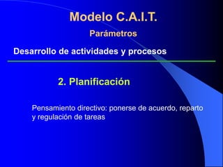  EvaluaciónModelo C.A.I.T.ParámetrosContextualizaciónCon la contextualización el profesor debe lograr  un  contexto mental adecuado dentro del alumno, de manera que éste tenga conciencia  clara de lo que ha de conseguir (estado de meta),  conozca su estado inicial de conocimientos (estado de partida)  y se sienta sensibilizado para  para transformar el estado de partida en estado de meta