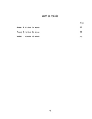 10
LISTA DE ANEXOS
Pág
Anexo A. Nombre del anexo 89
Anexo B. Nombre del anexo 90
Anexo C. Nombre del anexo 95
 