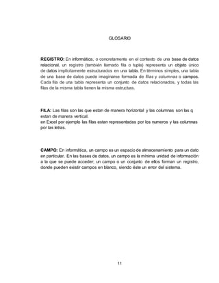 11
GLOSARIO
REGISTRO: En informática, o concretamente en el contexto de una base de datos
relacional, un registro (también llamado fila o tupla) representa un objeto único
de datos implícitamente estructurados en una tabla. En términos simples, una tabla
de una base de datos puede imaginarse formada de filas y columnas o campos.
Cada fila de una tabla representa un conjunto de datos relacionados, y todas las
filas de la misma tabla tienen la misma estructura.
FILA: Las filas son las que estan de manera horizontal y las columnas son las q
estan de manera vertical.
en Excel por ejemplo las filas estan representadas por los numeros y las columnas
por las letras.
CAMPO: En informática, un campo es un espacio de almacenamiento para un dato
en particular. En las bases de datos, un campo es la mínima unidad de información
a la que se puede acceder; un campo o un conjunto de ellos forman un registro,
donde pueden existir campos en blanco, siendo éste un error del sistema.
 
