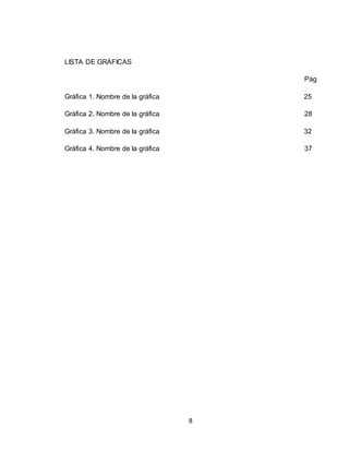 8
LISTA DE GRÁFICAS
Pág
Gráfica 1. Nombre de la gráfica 25
Gráfica 2. Nombre de la gráfica 28
Gráfica 3. Nombre de la gráfica 32
Gráfica 4. Nombre de la gráfica 37
 