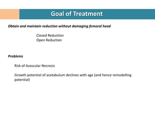 Goal of Treatment
Obtain and maintain reduction without damaging femoral head

                 Closed Reduction
                 Open Reduction



Problems

   Risk of Avascular Necrosis

   Growth potential of acetabulum declines with age (and hence remodelling
   potential)
 